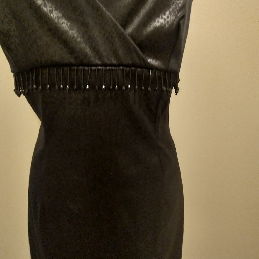 Vintage La Belle Black Snakeskin Dress With Fringe Trim At Bodice - Picture 7 of 10